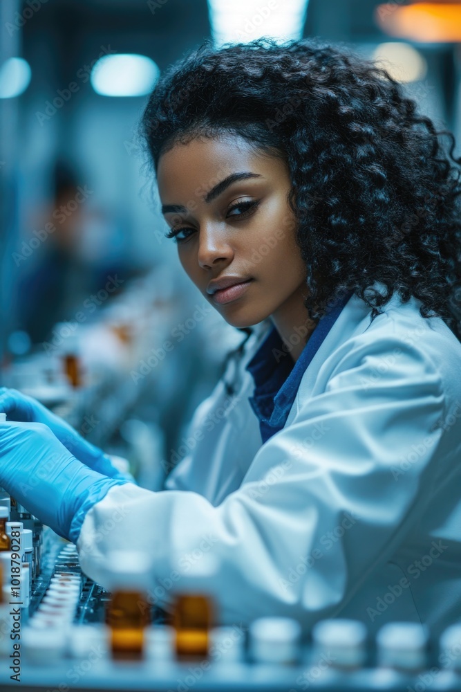 Poster a woman in a lab coat is focused on her machine, likely conducting an experiment or testing a device