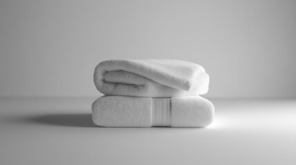 Stacked white towels on a table with a simple background, suitable for use in bathroom or spa settings