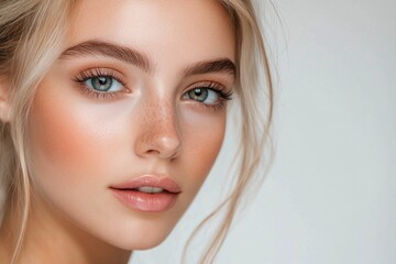 Fototapeta premium A close-up view of a woman's face showing freckles, suitable for use in beauty or lifestyle imagery