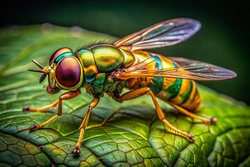 Fototapeta premium Golden Spanish Fly Insect Displayed on Leaf Showcasing Vibrant Color and Intricate Details