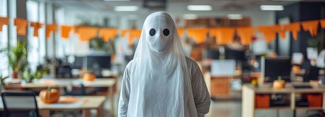 Office Halloween Spirit: Ghost Costume in Workspace