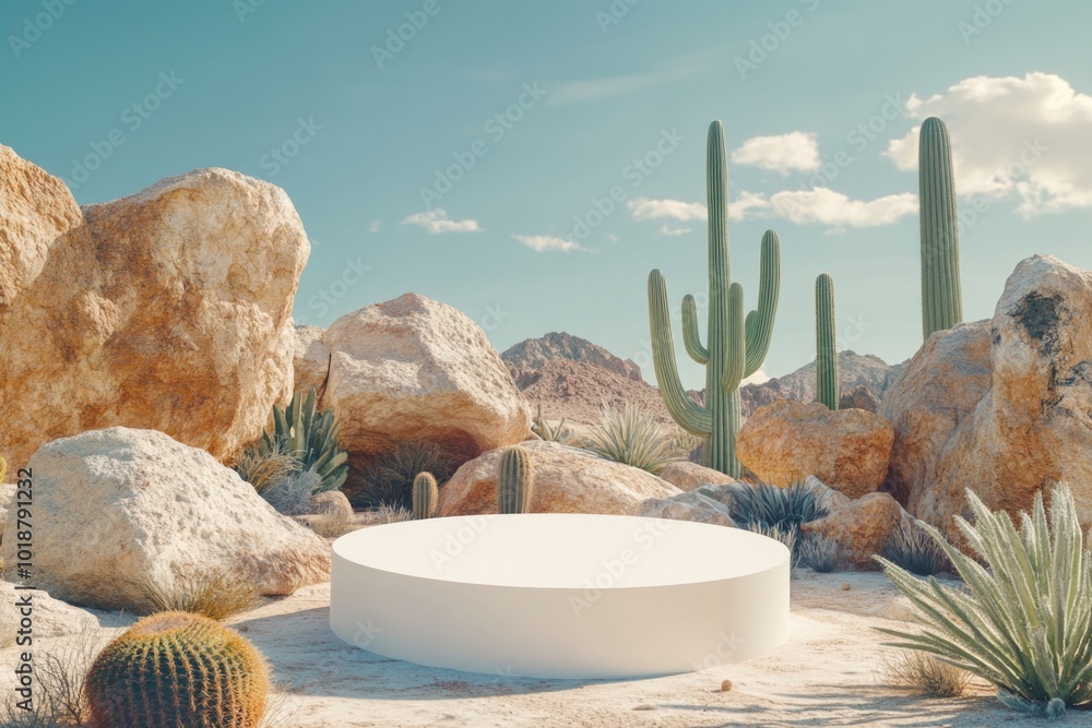 Poster a desolate desert landscape featuring multiple cacti and rocky formations, ideal for use in travel o