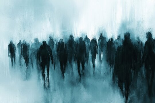 Abstract Painting of Silhouettes in a Foggy Landscape