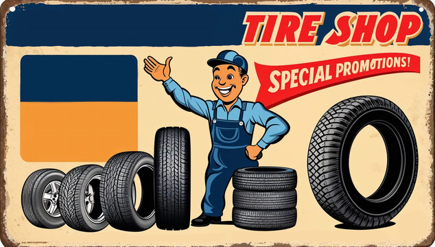 Vintage tire shop advertisement featuring a smiling mechanic and special promotions