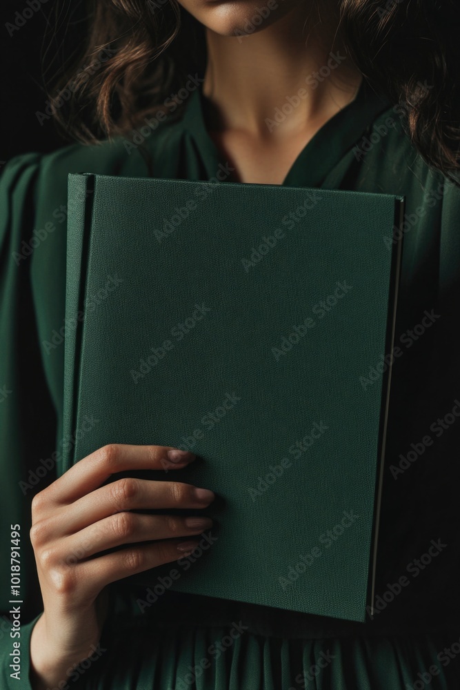 Canvas Prints A woman holds a book while wearing a green dress, providing a simple image of a person engaged with literature