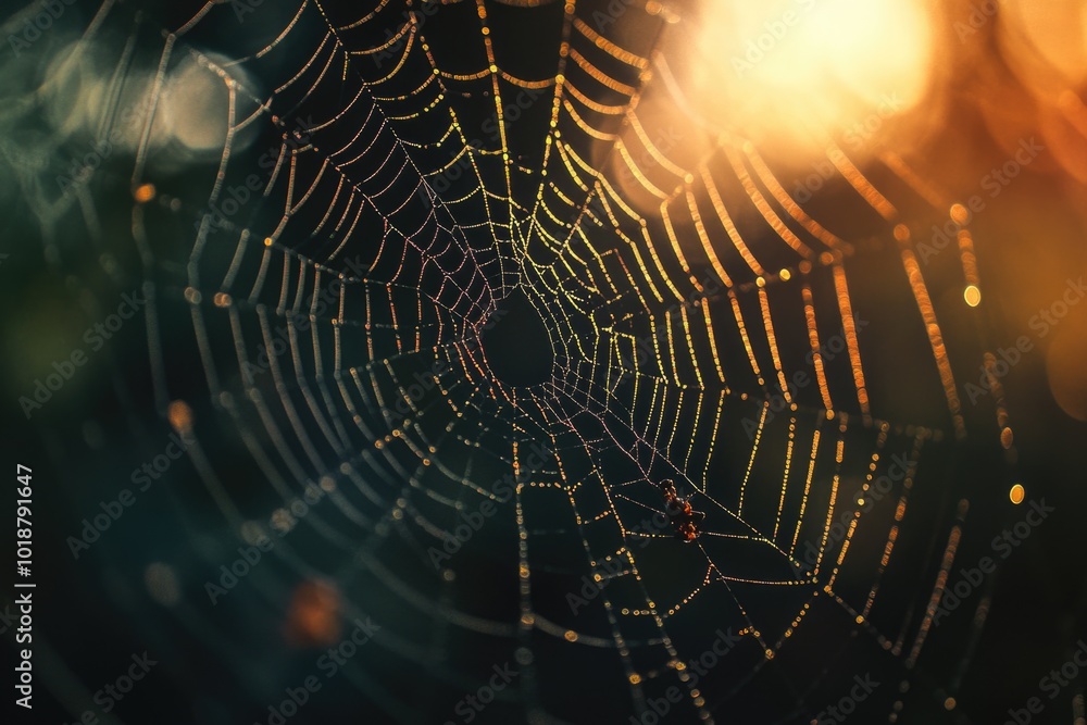 Poster a close-up shot of a spider web with tiny water droplets glistening on its surface