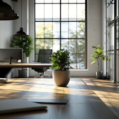 Fototapeta premium A modern office space featuring a wooden table, potted plants, and large windows allowing natural light.
