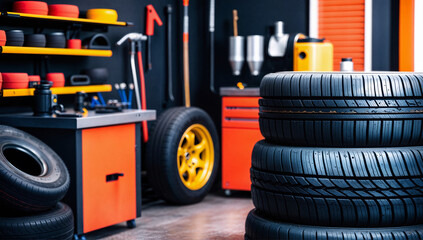 Tire workshop interior featuring stacked tires and various automotive tools in a vibrant setting