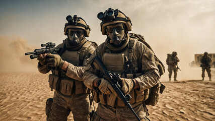 Fototapeta premium Soldiers wearing gas masks in desert with military vehicles and sandstorm