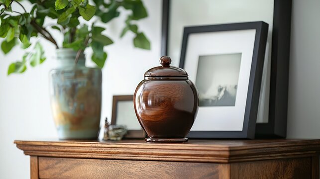 A cremation urn displayed alongside cherished keepsake items, such as a framed photograph and a folded letter, symbolizing personal remembrance.