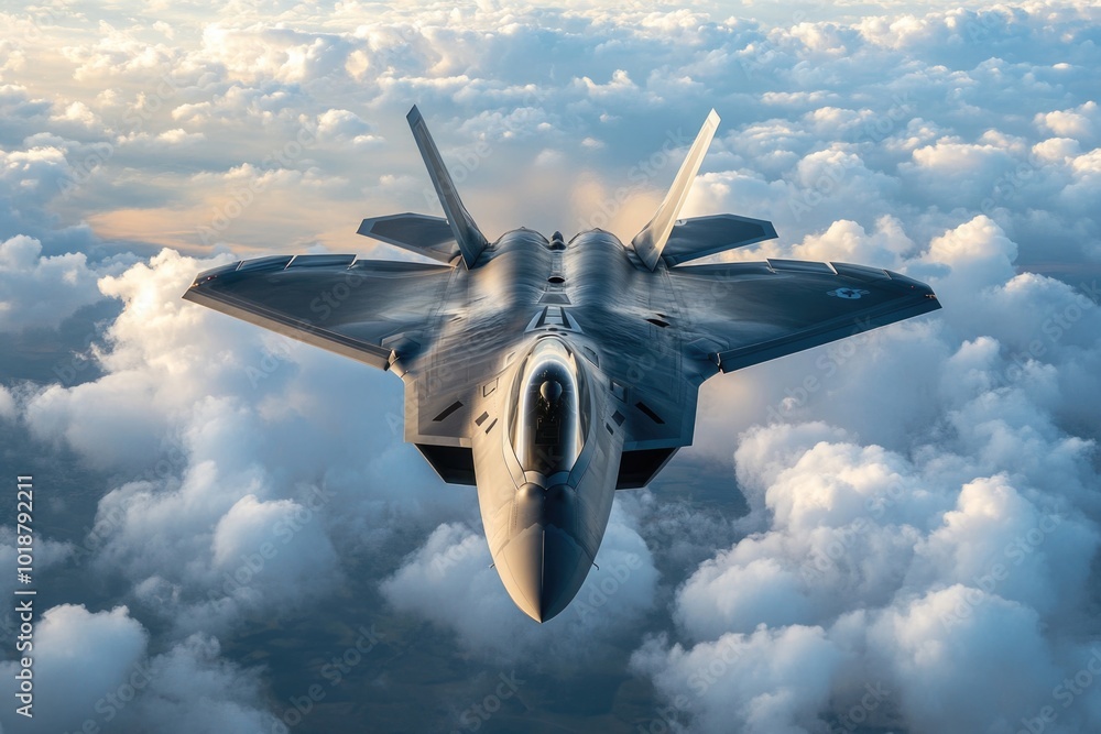 Poster A high-speed aircraft soaring through the sky with fluffy white clouds below, ideal for aviation-themed projects or use in presentations about speed and technology