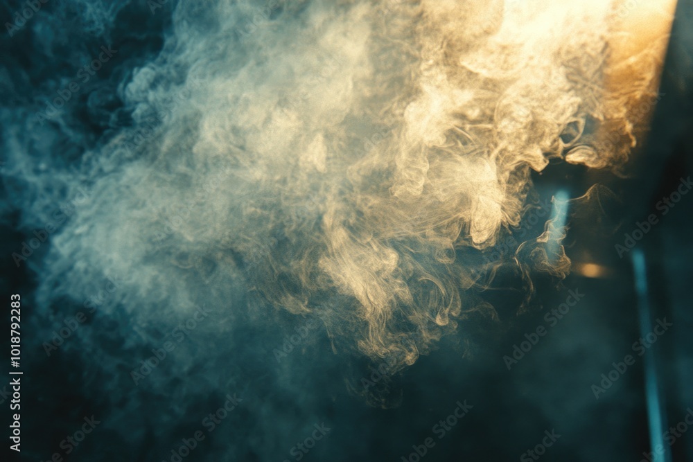 Poster a close-up shot of a train engine with smoke billowing out, suitable for use in transportation or in