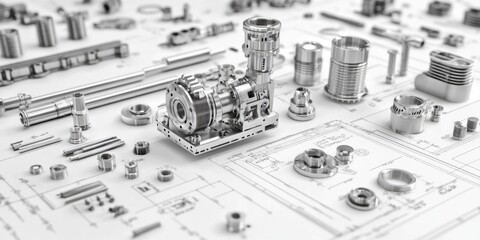 A collection of metal components placed on top of a blueprints, useful for illustrating engineering or manufacturing concepts