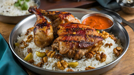 A large serving of Madhbi, grilled chicken or lamb with crispy golden skin, served on fragrant rice. Garnished with roasted nuts and accompanied by a side of spicy tomato sauce for extra flavor.





