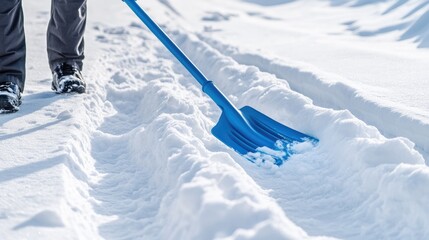A vibrant snow shovel buried in soft white snow during a winter's day of clearing pathways and driveways