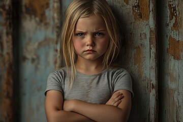 Naklejka premium A young girl standing against a wall with her arms crossed, looking relaxed