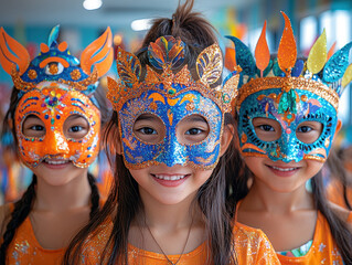 Obraz premium Fun Carnival party mask-making workshop photos capturing guests creating their own colorful masks