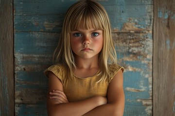 Naklejka premium A young child standing still with her arms crossed, possibly feeling stubborn or defiant