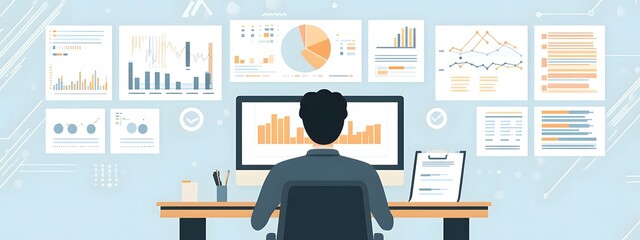 Flat vector illustration of an IT professional sitting at their desk, surrounded by data visualizations and graphs on the screen