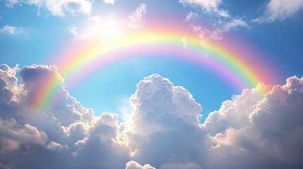 Rainbow Arcing Through Fluffy White Clouds in a Blue Sky