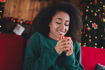 Photo of pretty young woman sit sofa hold hot chocolate wear sweater christmas festive time apartment indoors