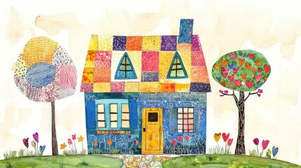 A delightful childa??s collage-style drawing of a house, featuring bright colors and a playful design.