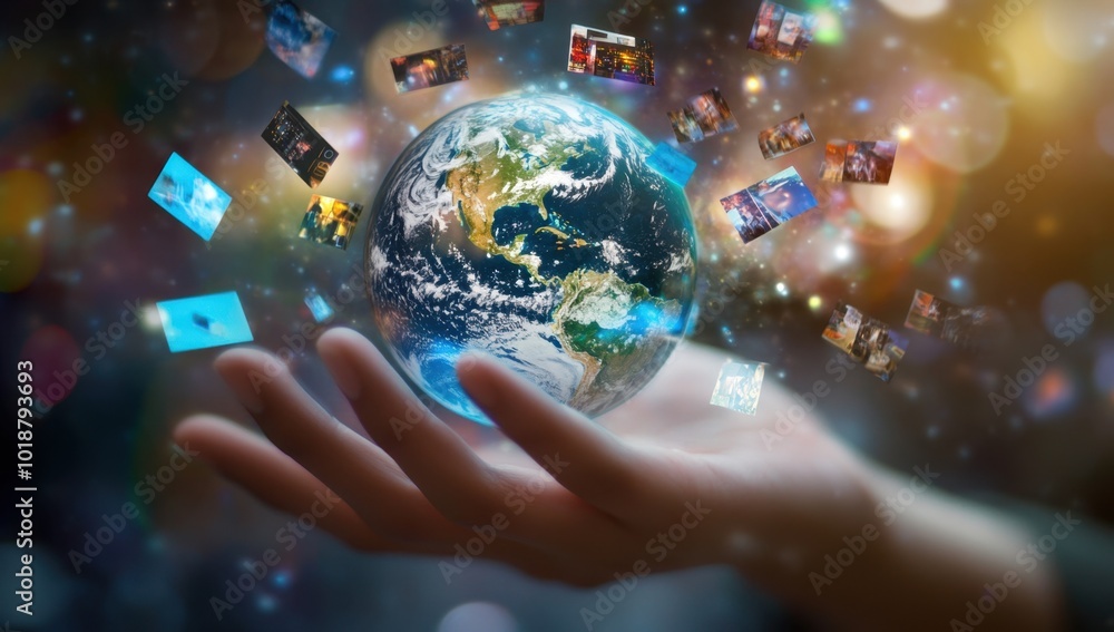 Poster hand holding a digital earth with various media images floating around it, representing global techn