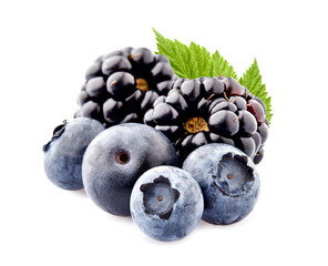 Blueberries and blackberriy  Isolated on White Background. Ripe berries with leaf closeup.