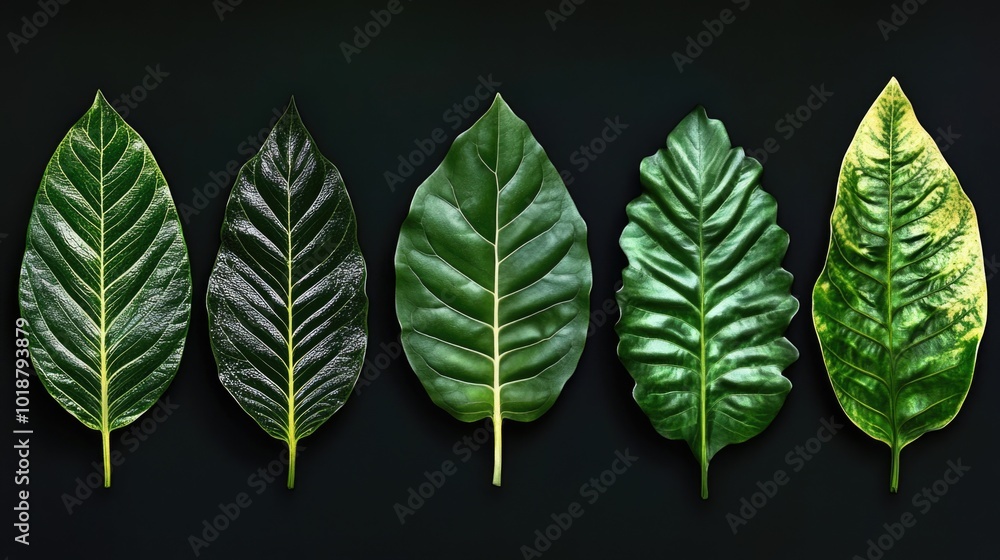Poster A close-up view of a row of green leaves on a black background, suitable for use in design projects or as a decorative element