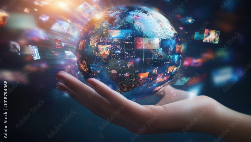 Poster a hand holding a globe with digital media images floating around it, representing the global network
