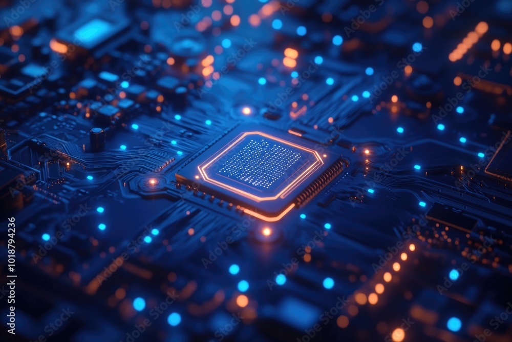 Poster a detailed view of a circuit board featuring blue lights, often used in electronic or technological 