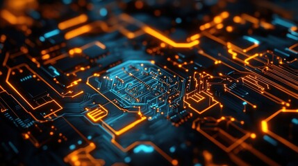 Closeup of a glowing orange and blue circuit board.