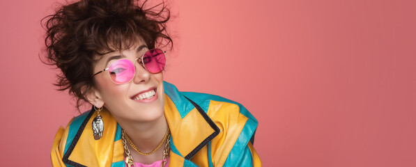 Fototapeta premium Young woman in retro 80s clothing and hairstyle, smiling positive expression. Studio photo copy space at side. Generative AI
