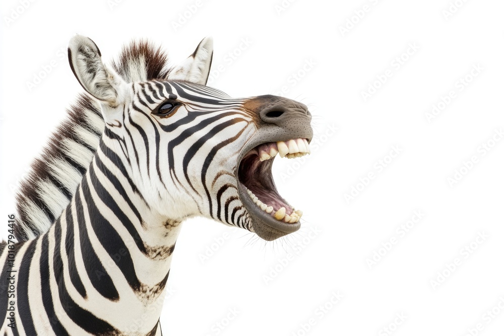 Poster a close-up view of a zebra's face with its mouth open, ideal for use in animal or wildlife-related p