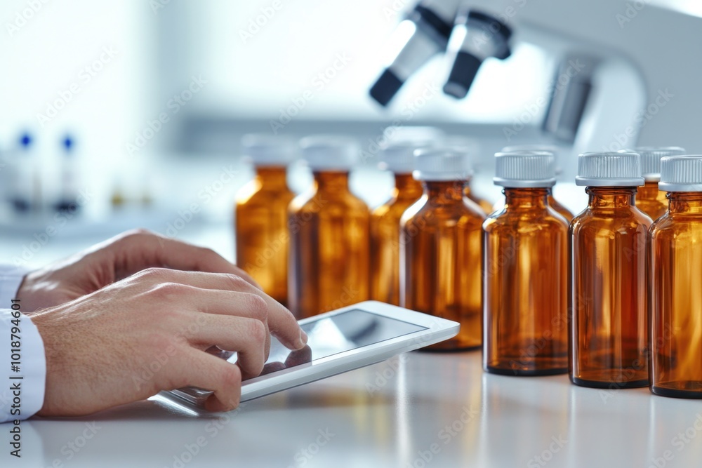 Poster a person using their cell phone near empty bottles, great for illustrations about technology and was