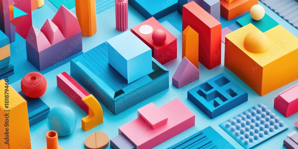 Poster a collection of colorful blocks placed on a blue surface, perfect for illustration or design project