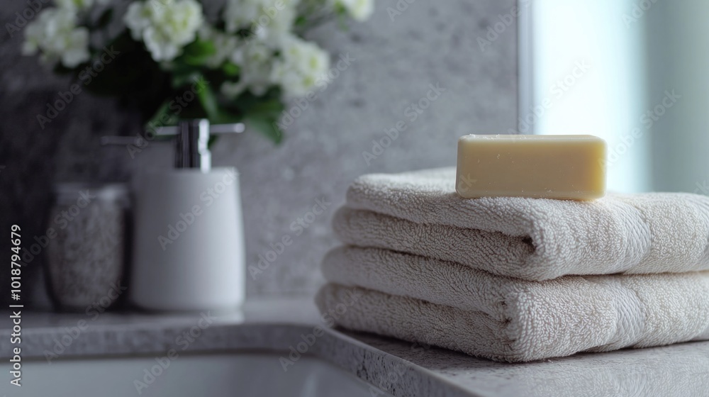 Poster A stack of white towels sits on top of a counter, ready for use