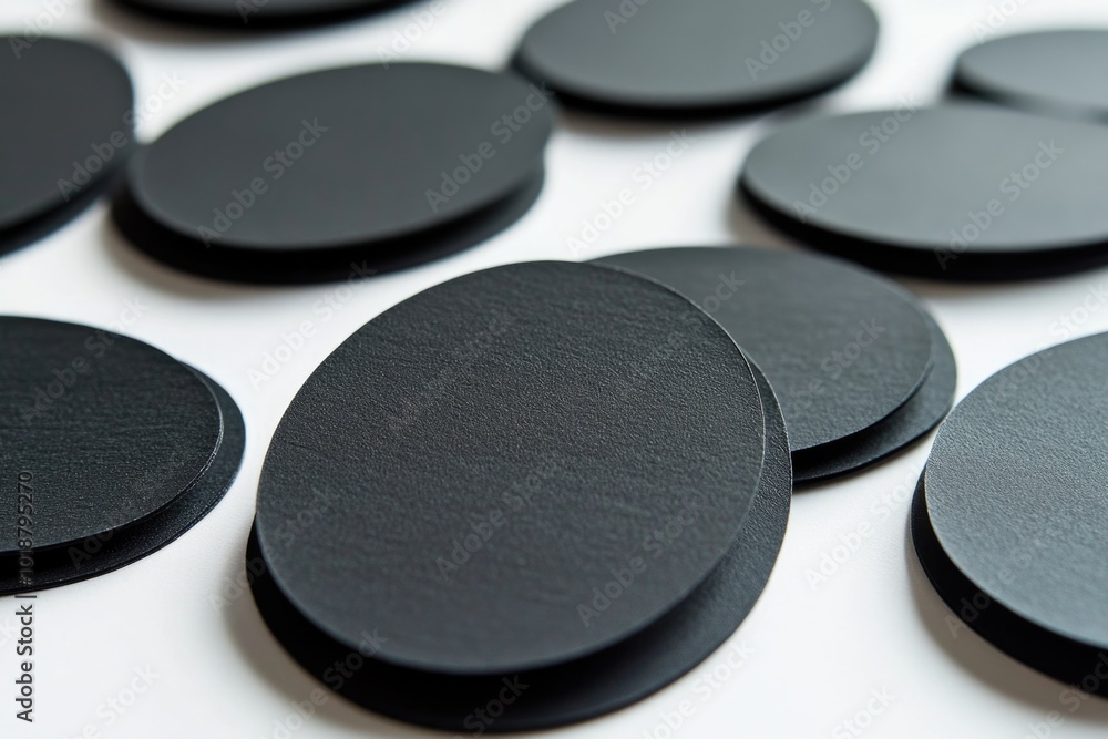 Poster a collection of black coasters sitting on a table, perfect for use in various settings