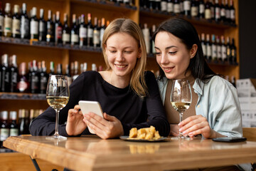 Happy girlfriends drink white wine