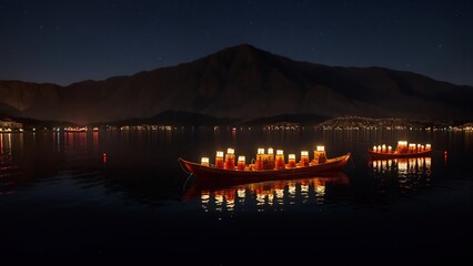 barcas sobre un lago iluminado, festejo del dia de muertos. 