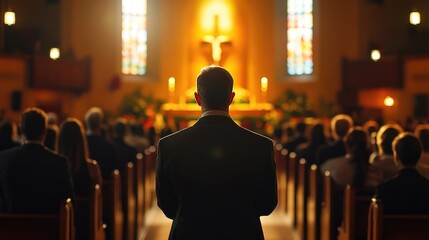 A person standing outside a crowded church, informative phrase about the image and a suggestion for where it could be used