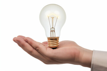 male hand holding a light bulb with light on a white background
