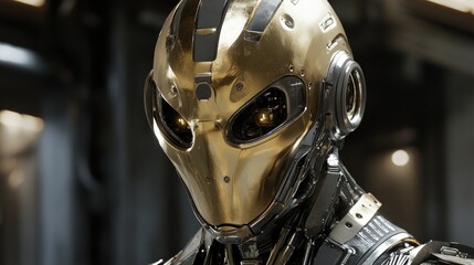 Fototapeta premium Close-up of a golden robotic head with glowing eyes.