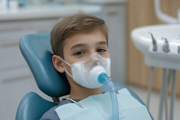 Child boy with an oxygen mask for anesthesia