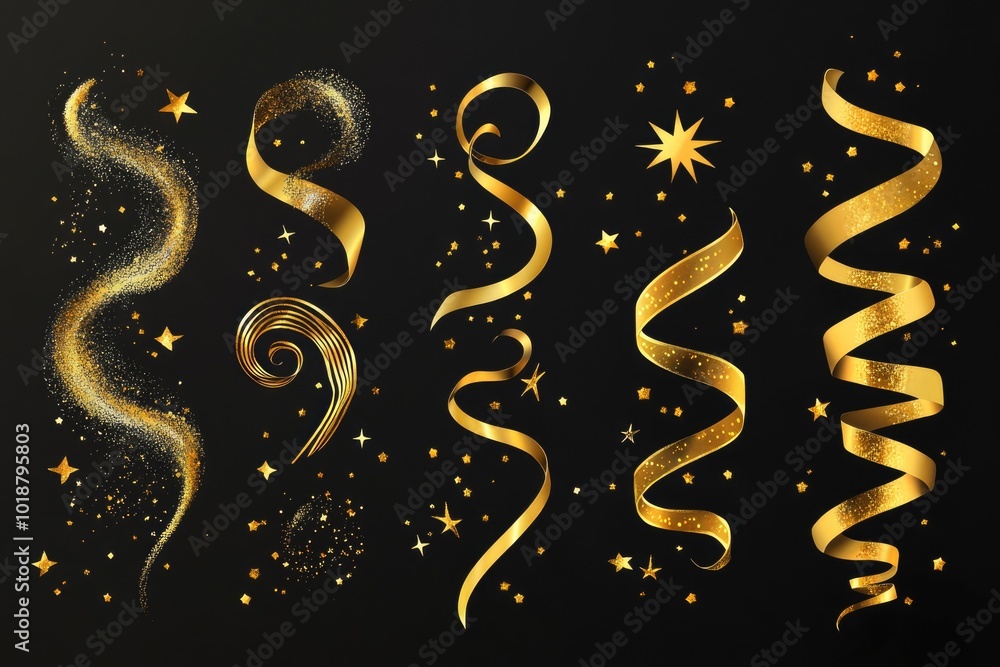 Poster a minimalist design featuring golden ribbons and stars on a black background, perfect for use in des