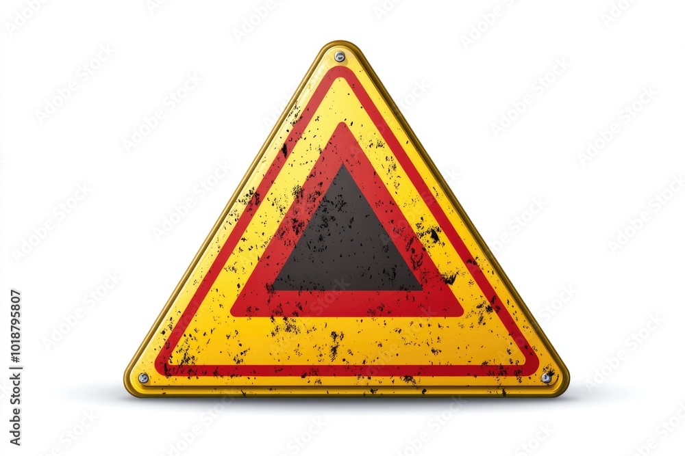 Poster A yellow triangular sign with a red triangle on it, used for warning and caution