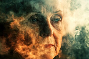 A close-up shot of a woman's face with thick smoke emerging from her mouth and nose