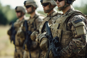 Fototapeta premium Group of soldiers with assault rifles in military uniform is ready for storm