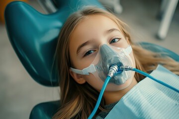 Child girl with an oxygen mask for anesthesia