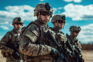 Fototapeta premium Group of soldiers with assault rifles in military uniform is ready for storm